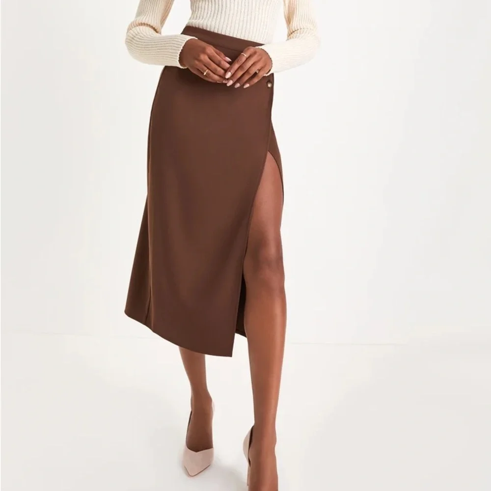 Brown Twill Button Wrap Midi Skirt - Picture 2 of 5